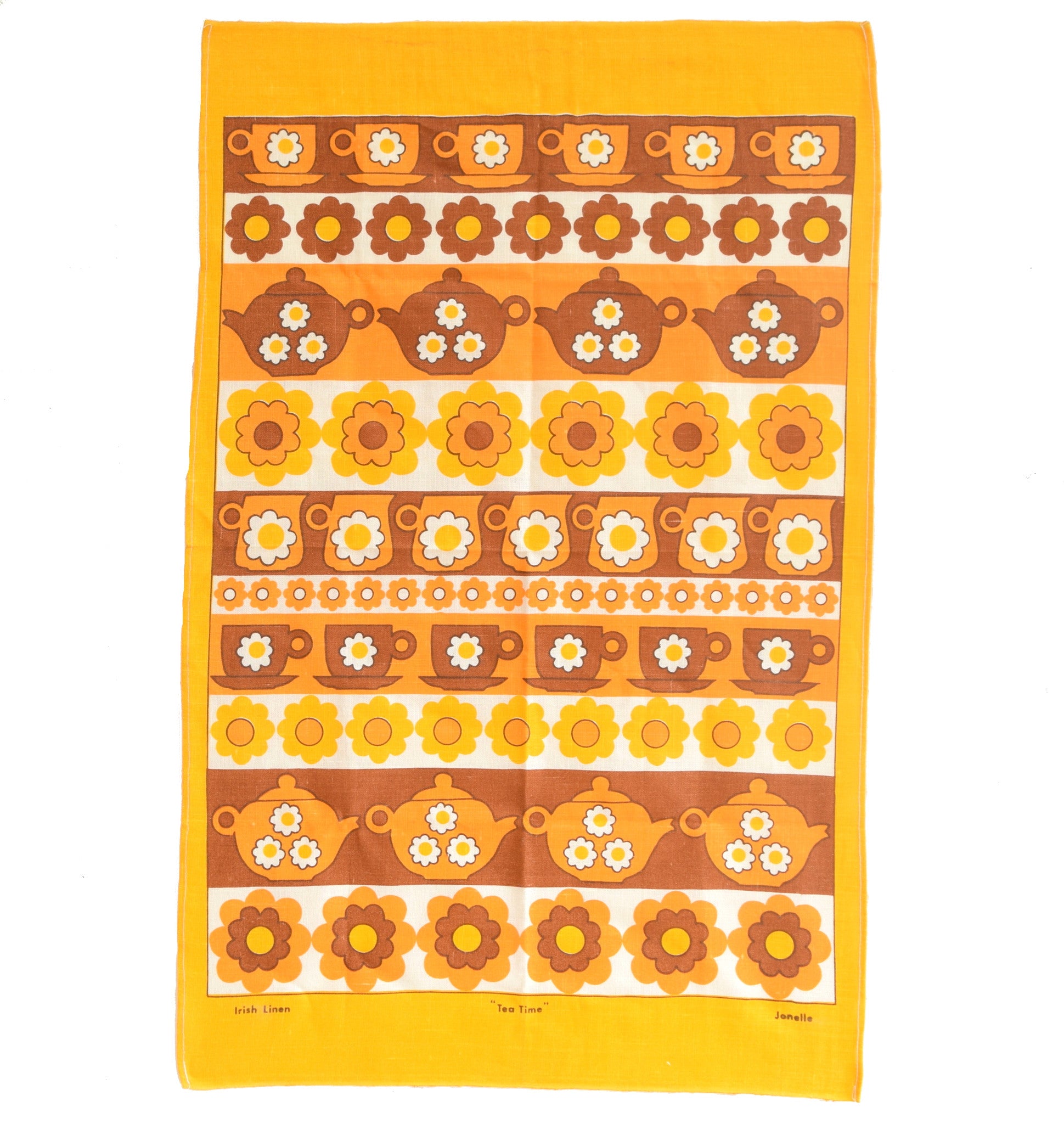 Vintage 1960s Cotton Tea Towel - Flower Power Design, Orange