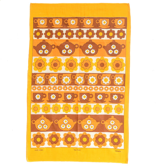 Vintage 1960s Cotton Tea Towel - Flower Power Design, Orange