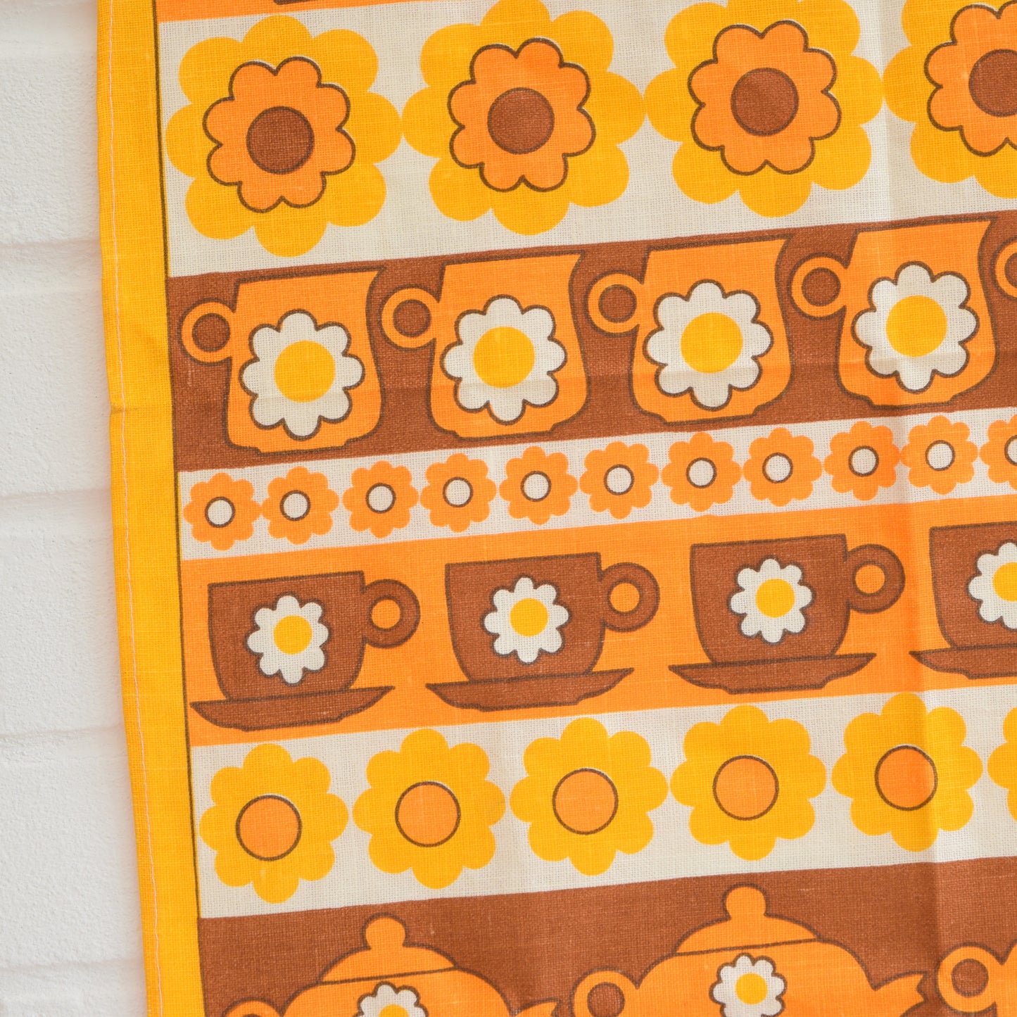 Vintage 1960s Cotton Tea Towel - Flower Power Design, Orange detail