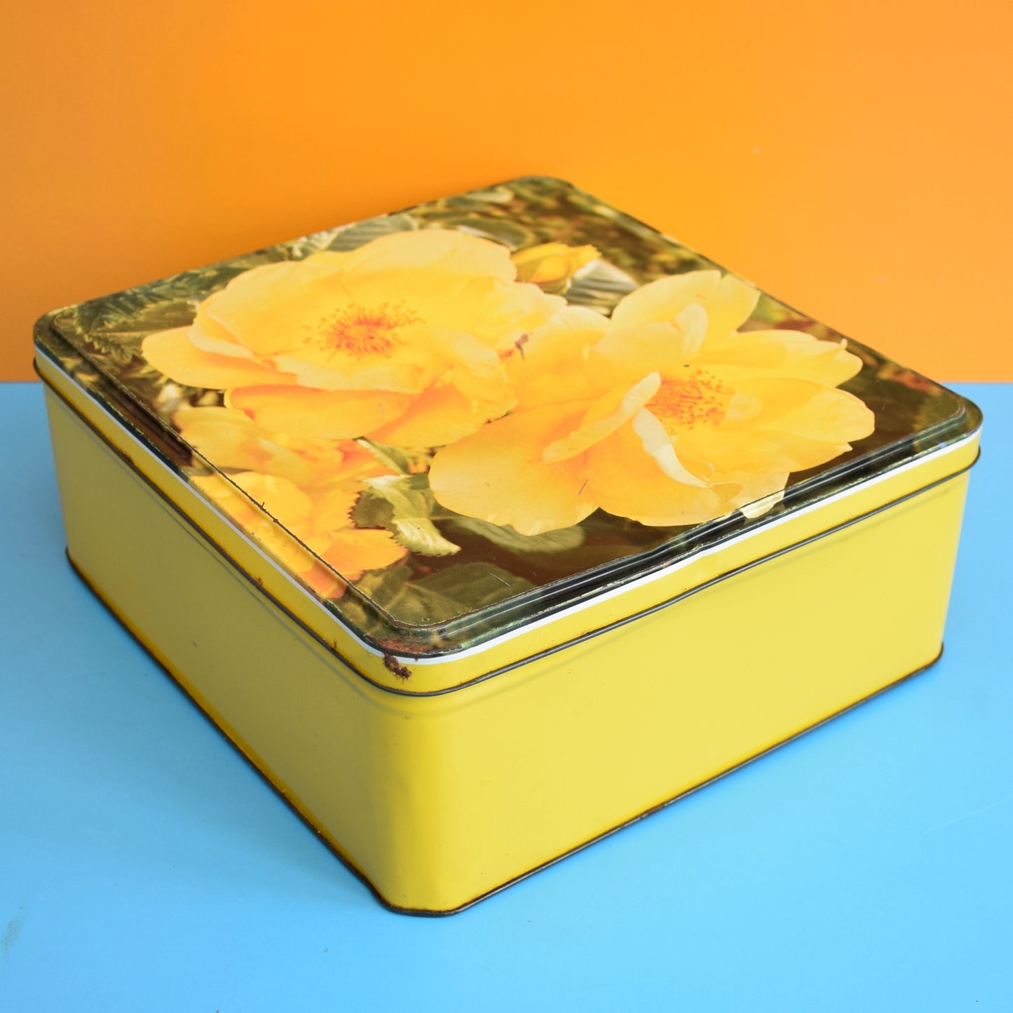 Vintage 1960s Metal Square Cake Tin - Yellow Roses