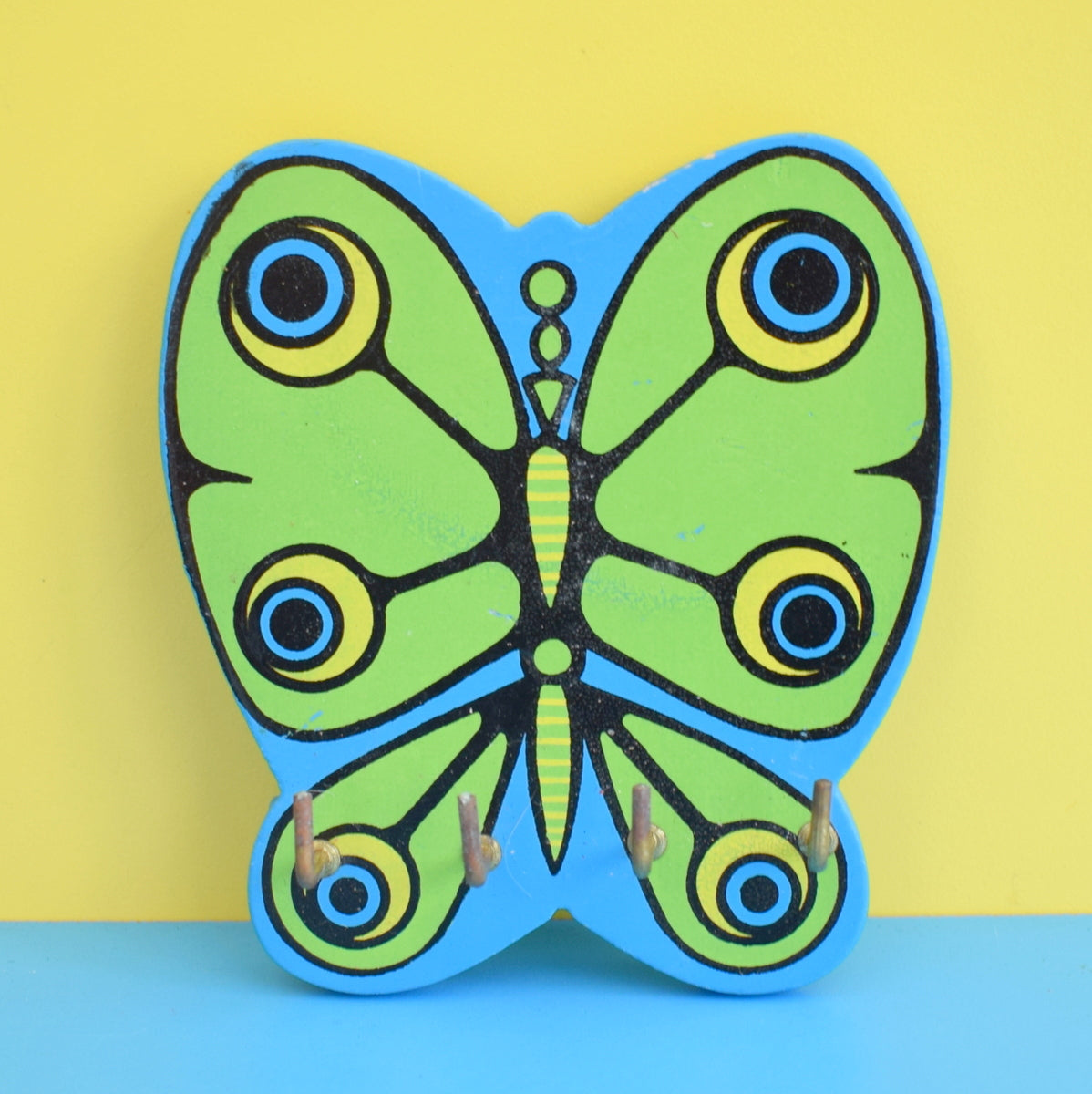Vintage Kitsch 1960s Wooden Items - Counterpoint - Butterfly Hooks - Blue / Green