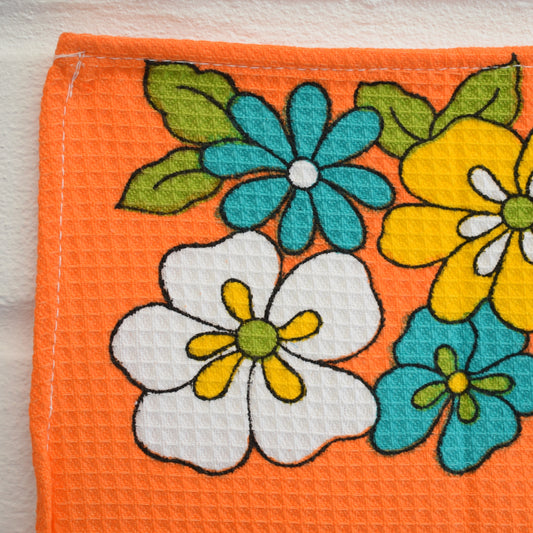 Vintage 1960s Waffle Tea Towel - Flower Power - Orange