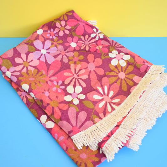 Vintage 1960s Double Bed Cover - Textured Weave With Fringe - Pink flower Power