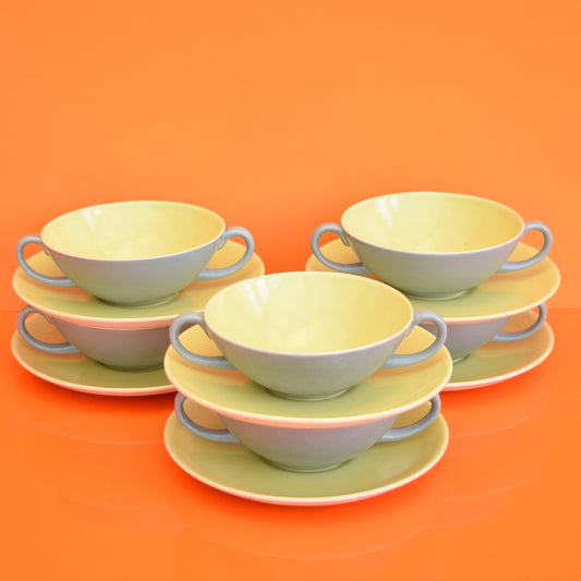 Vintage 1950s Poole Twintone China - Soup Bowl / Saucer Set x 6 - Moonstone Grey & Lime Yellow