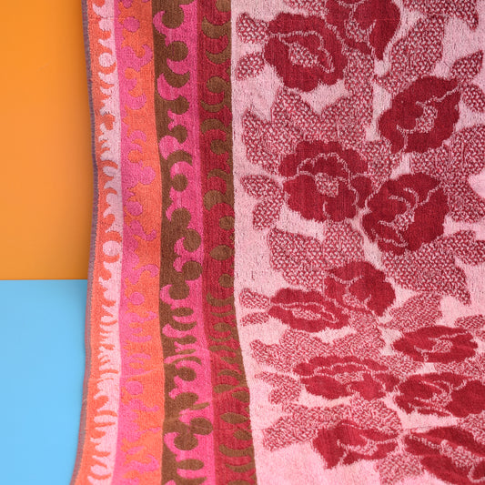 Vintage 1960s Cotton Bath Towel - Pink Patterned by Pineapple Retro