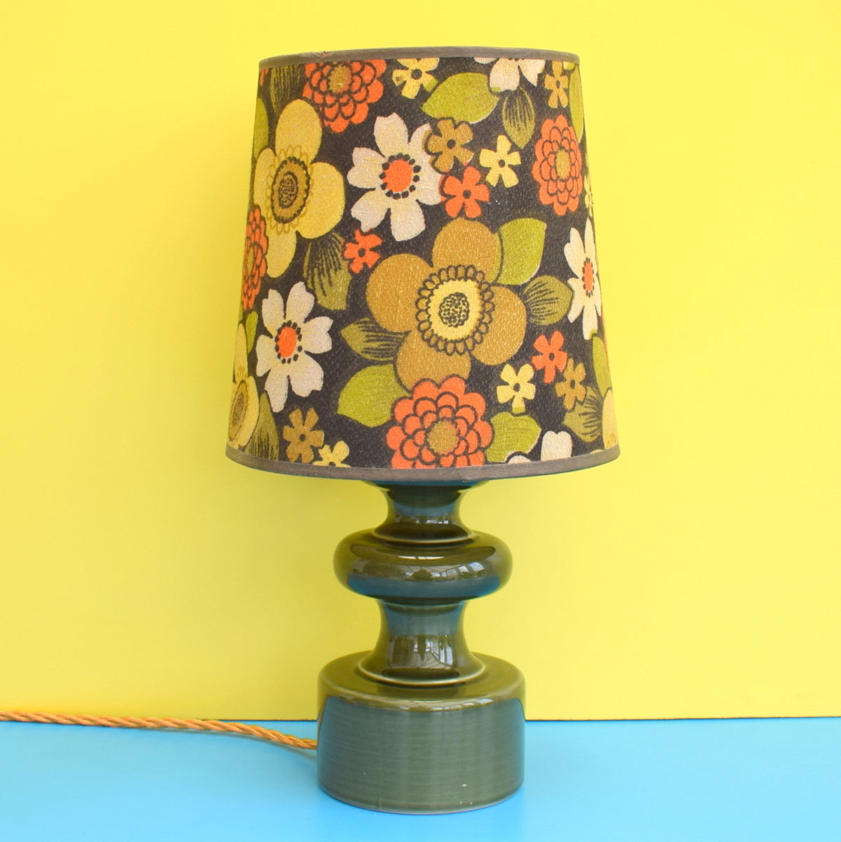 Vintage 1960s Doulton Table Lamp - Original Flower Power Shade, Orange & Brown