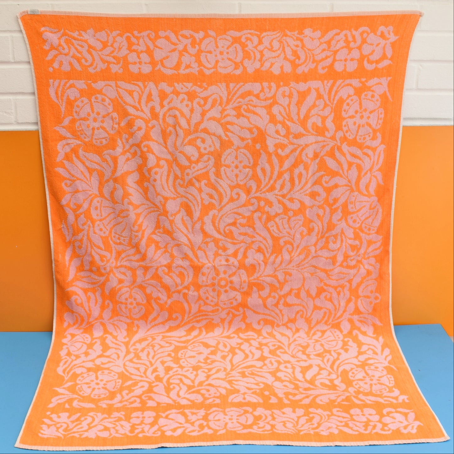 Vintage 1960s Cotton Bath Towel - Orange / Pink