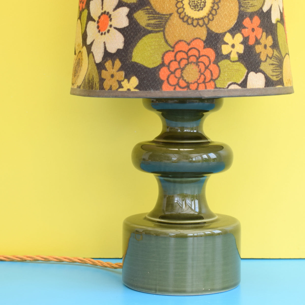 Vintage 1960s Doulton Table Lamp - Original Flower Power Shade, Orange & Brown