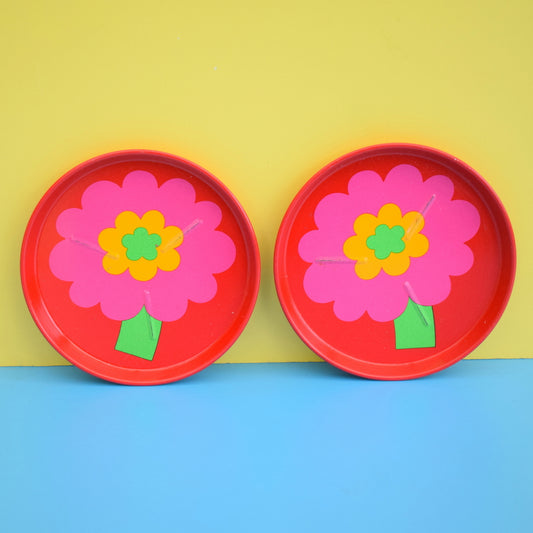 Vintage 1970s Laurids Lonborg Flower Power Metal Coasters - Pink / Red x2