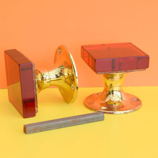 Vintage 1960s Plastic Handles / Door Knobs - New Old Stock - Square Glitter - Red / Blue / Silver