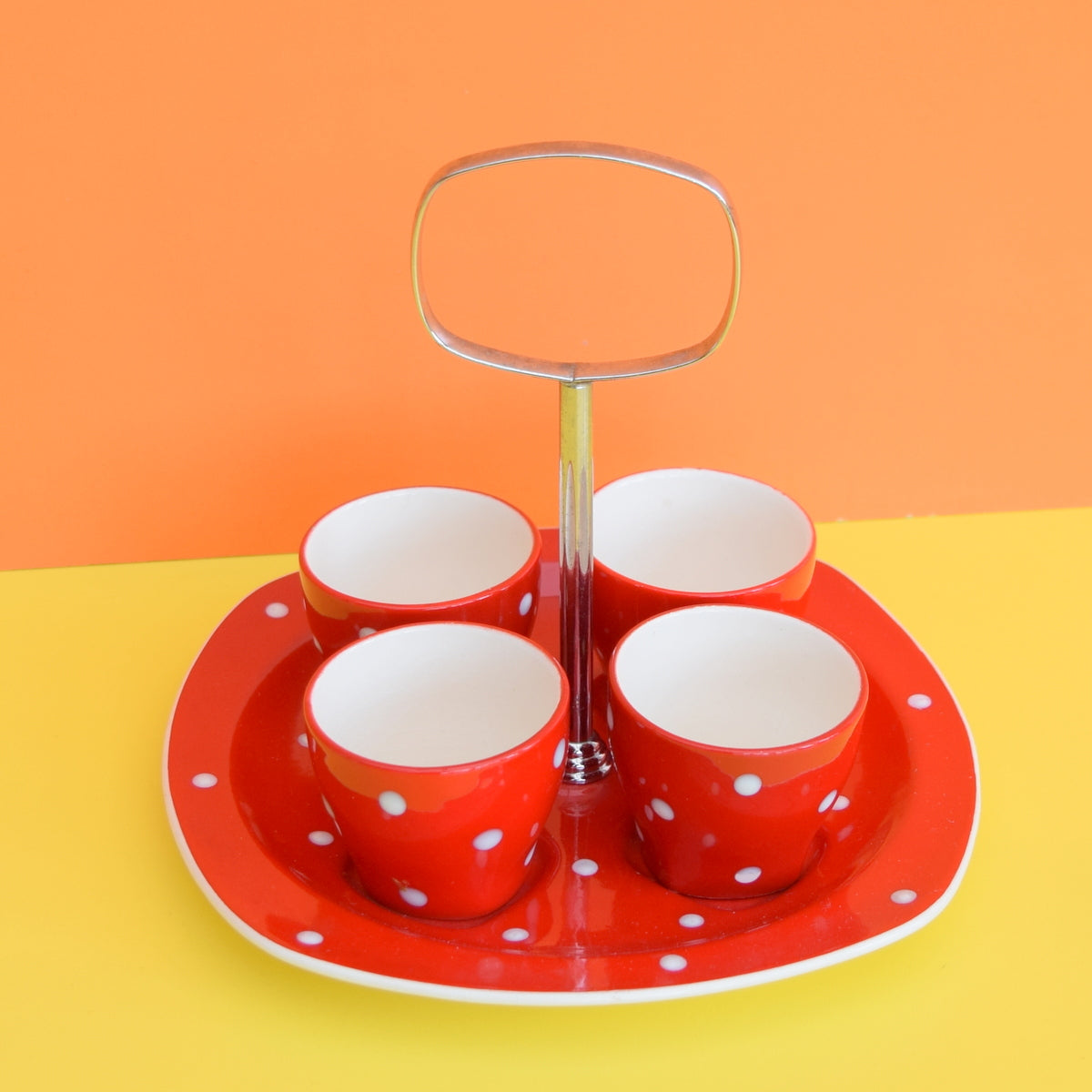 Vintage 1950s Midwinter Spotty Domino Egg Cups On Stand - Red