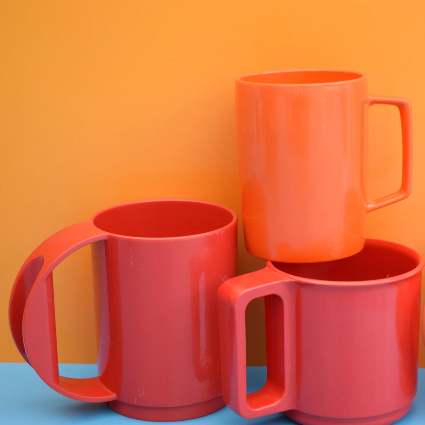 Vintage 1970s Plastic Mugs - Red / Orange