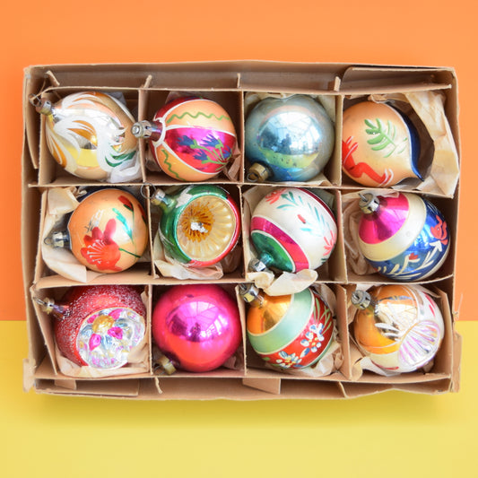 Vintage 1950s Hand Painted Medium / Large Glass Christmas Baubles / Decorations - Mixed (Boxed)