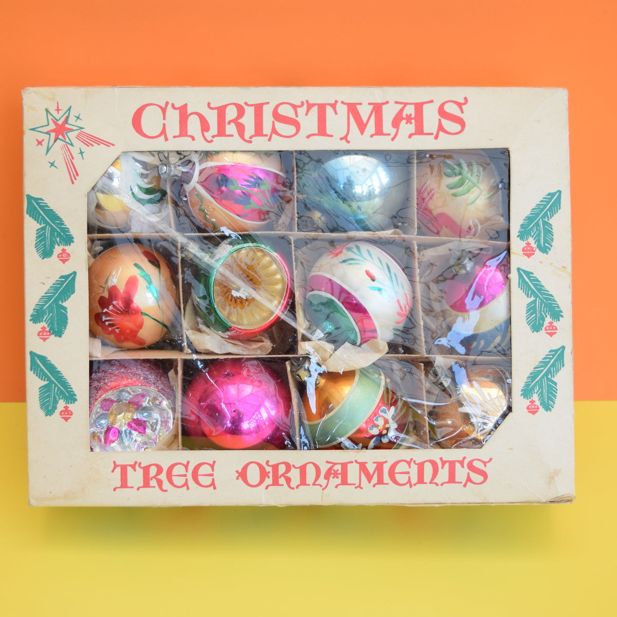 Vintage 1950s Hand Painted Medium / Large Glass Christmas Baubles / Decorations - Mixed (Boxed)