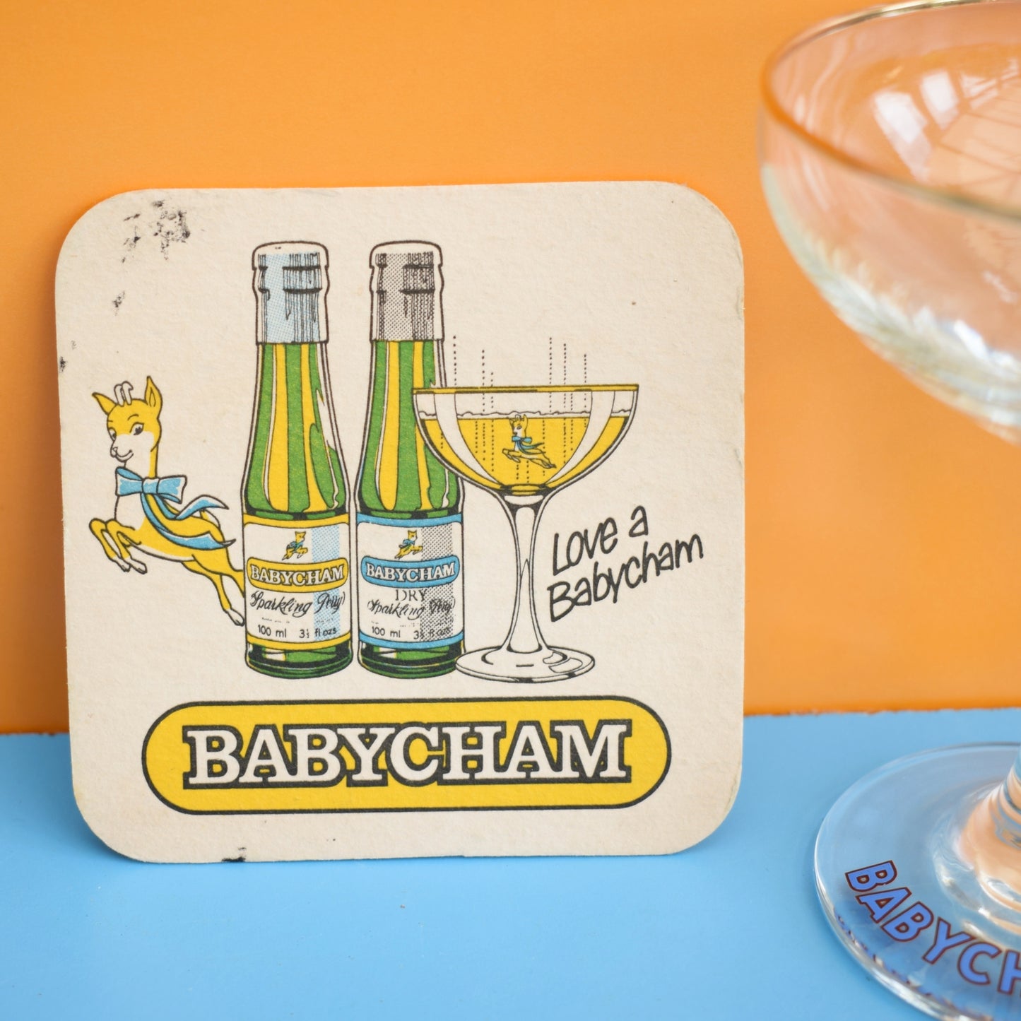 Vintage 1970s Babycham Sq Coaster & Glass