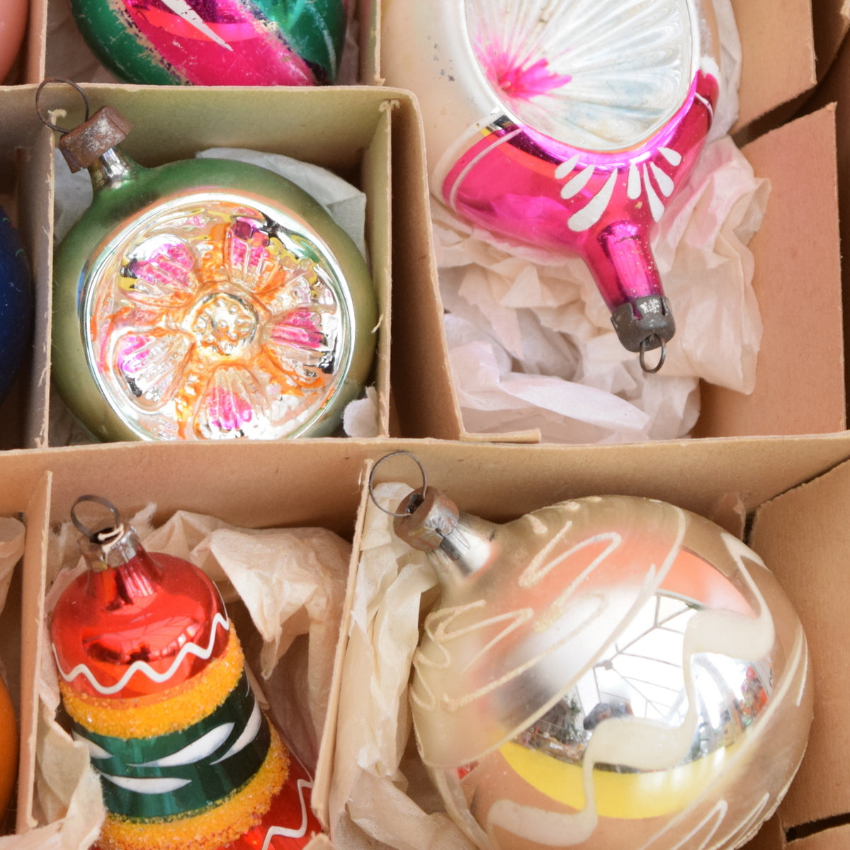 Vintage 1950s Hand Painted Medium Glass Christmas Baubles / Decorations - Mixed (Boxed)..