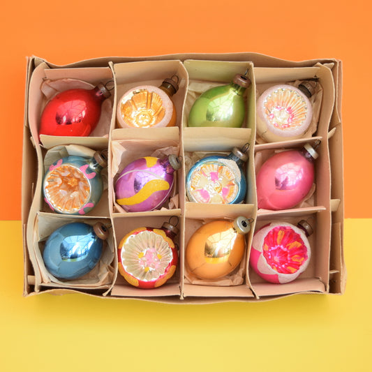 Vintage 1950s Hand Painted Medium Concave Glass Christmas Baubles / Decorations - Mixed (Boxed)..