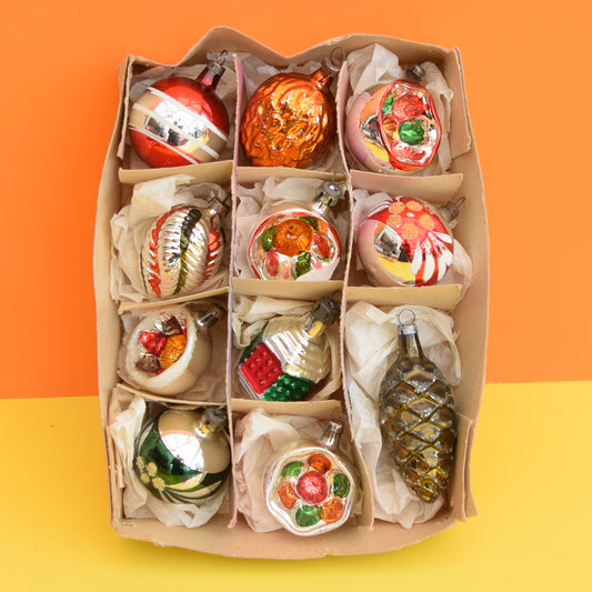 Vintage 1950s Hand Painted Small Glass Christmas Baubles / Decorations - Mixed (Boxed)..