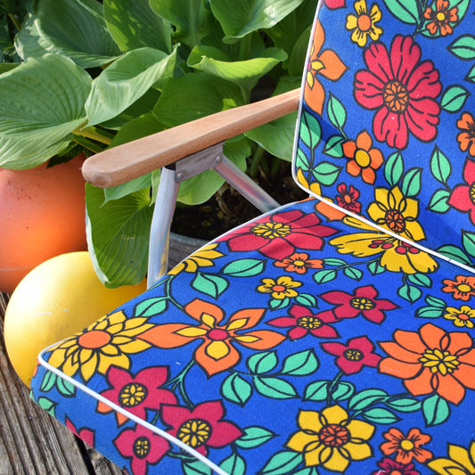 Vintage 1960s Folding, Padded Garden Chair - Flower Power - Blue & Red