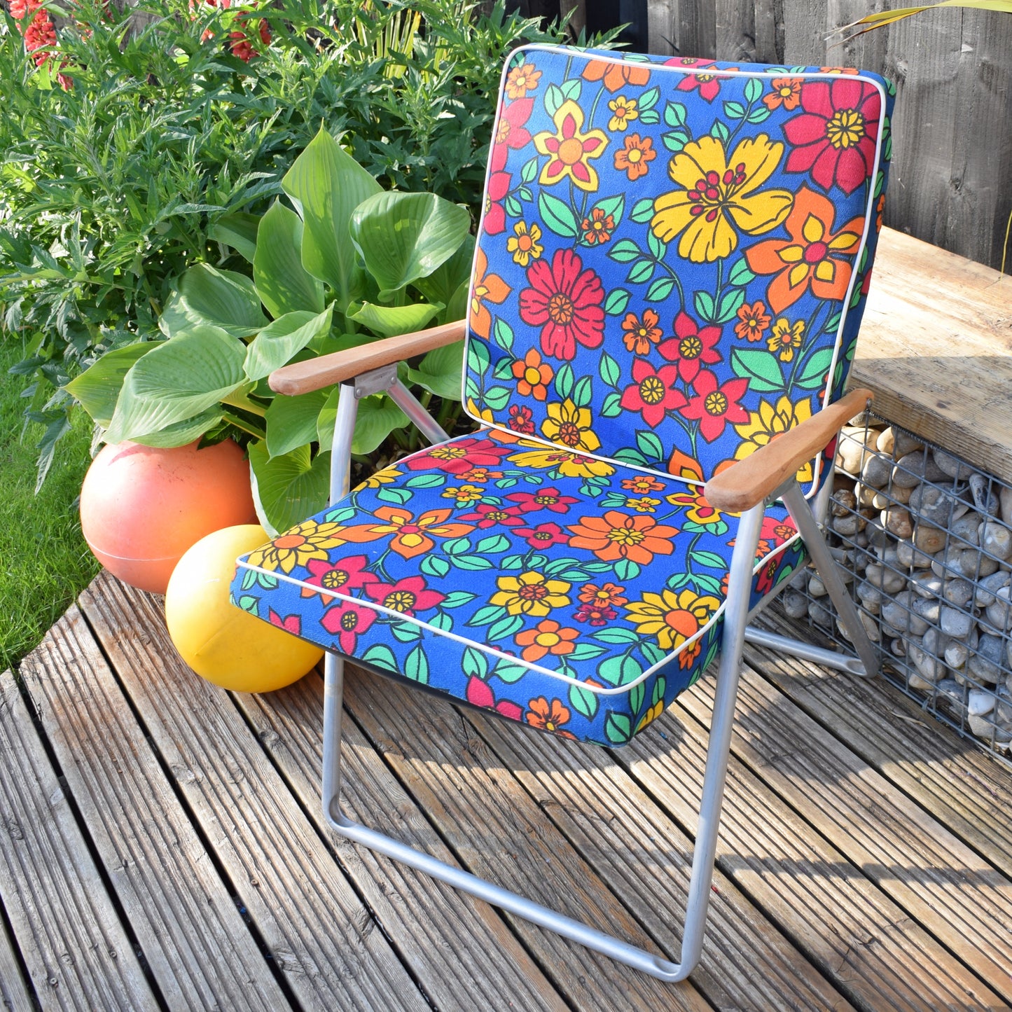 Vintage 1960s Folding, Padded Garden Chair - Flower Power - Blue & Red