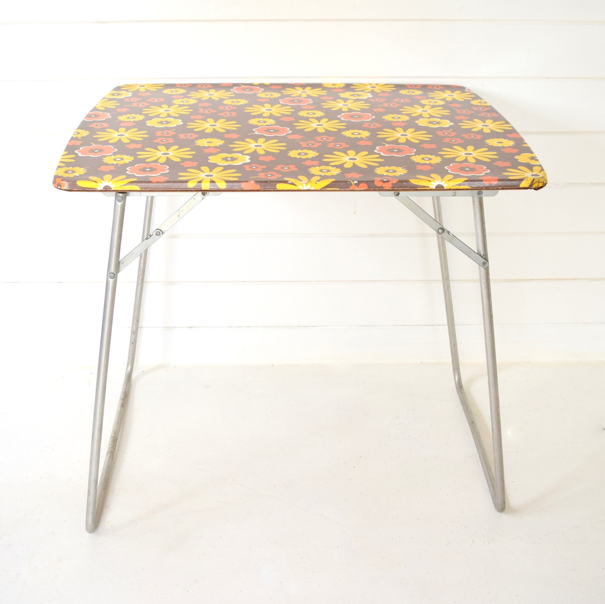 Vintage 1960s Folding Table - Camping, Glamping - Flower Power Design, Yellow, Brown