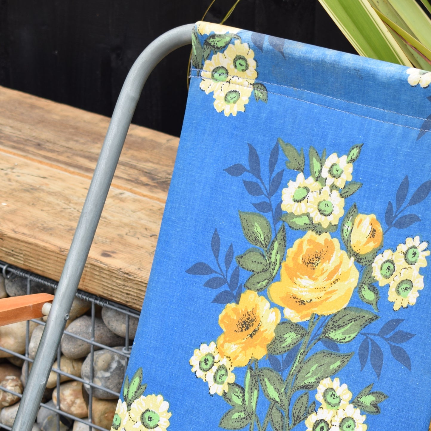 Vintage 1960s Folding Garden Chair - Flower Power - Blue & Yellow Rose