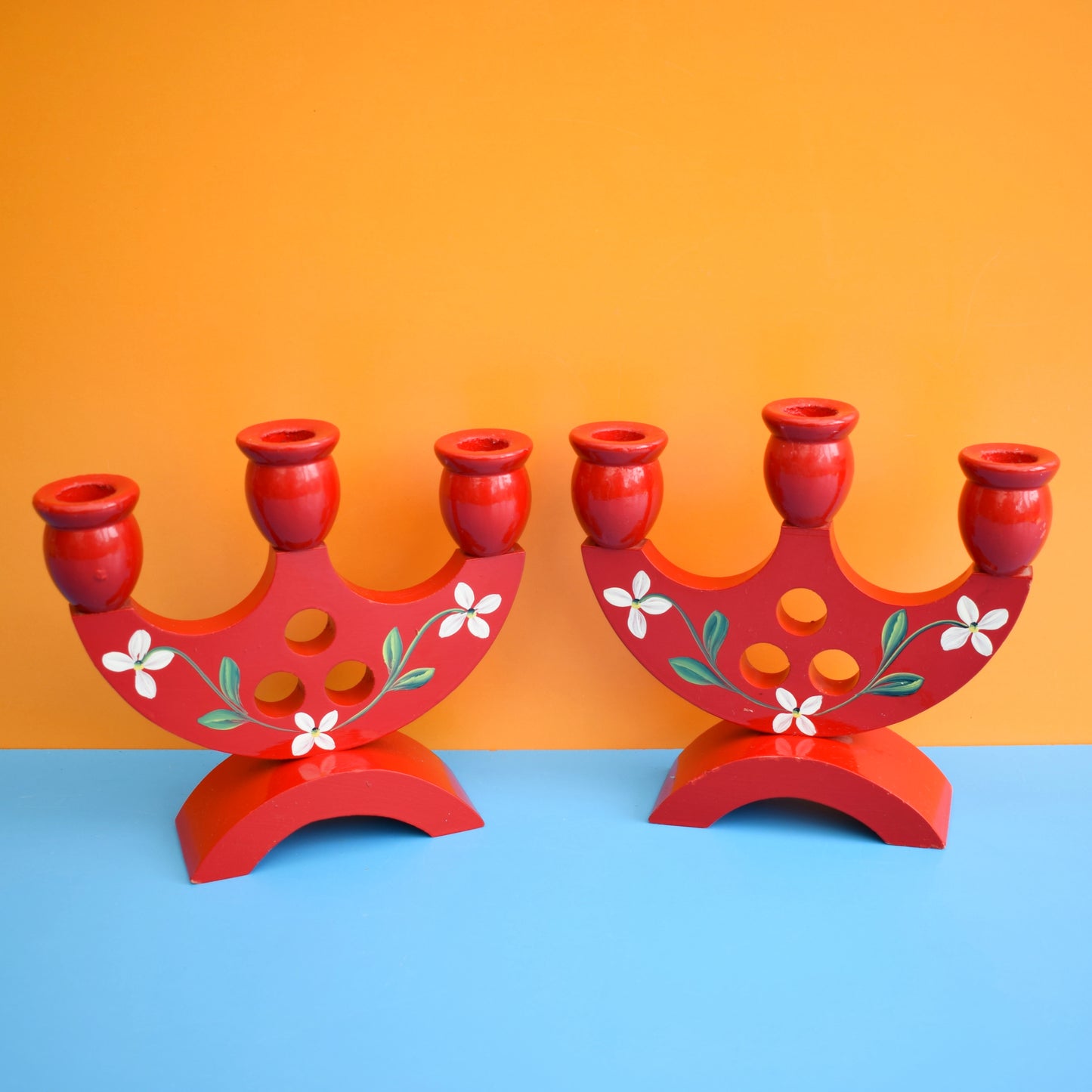 Vintage 1970s Swedish Wooden Candle Holders - Red