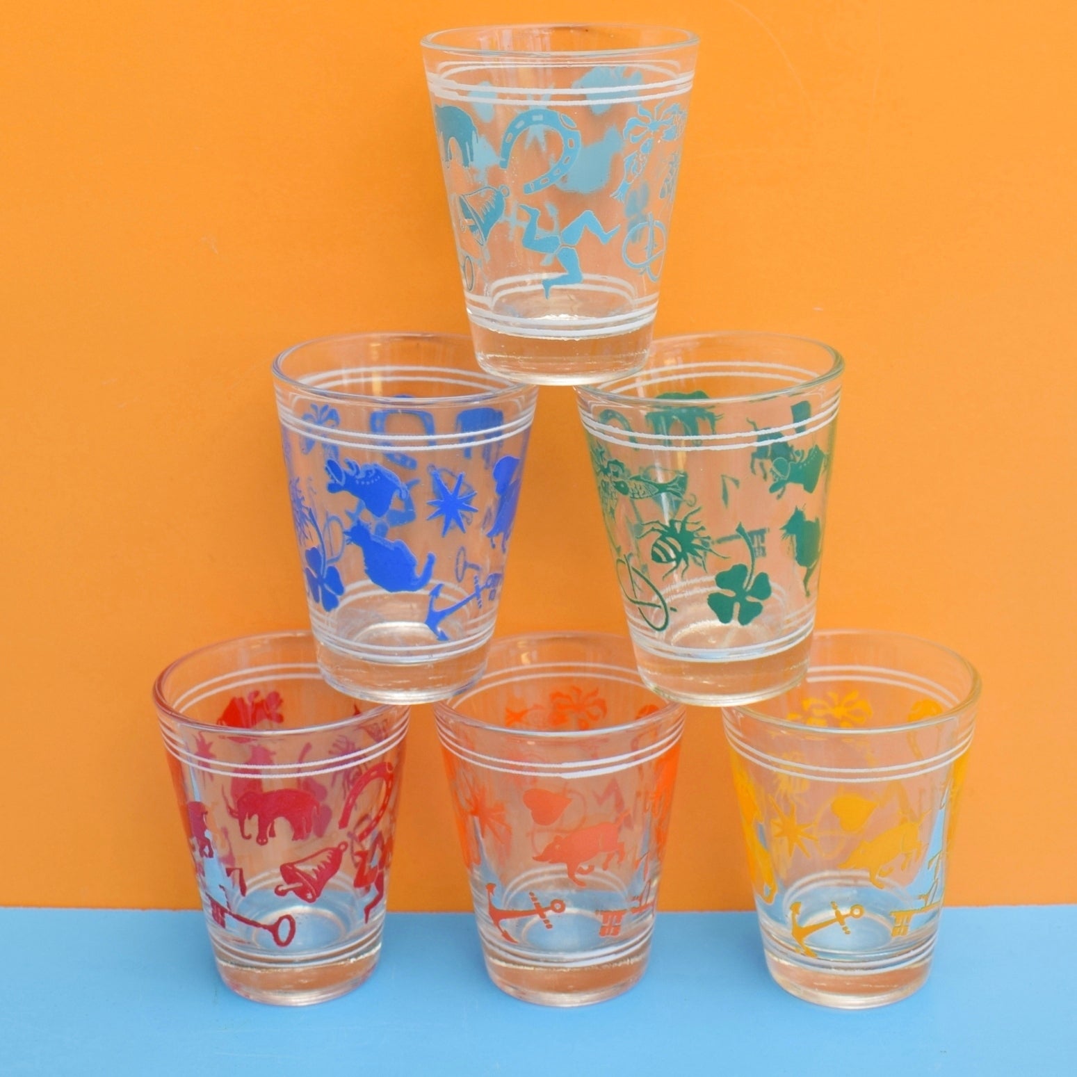 Vintage 1960s Set of Shot Glasses - Rainbow Colours by Vintage