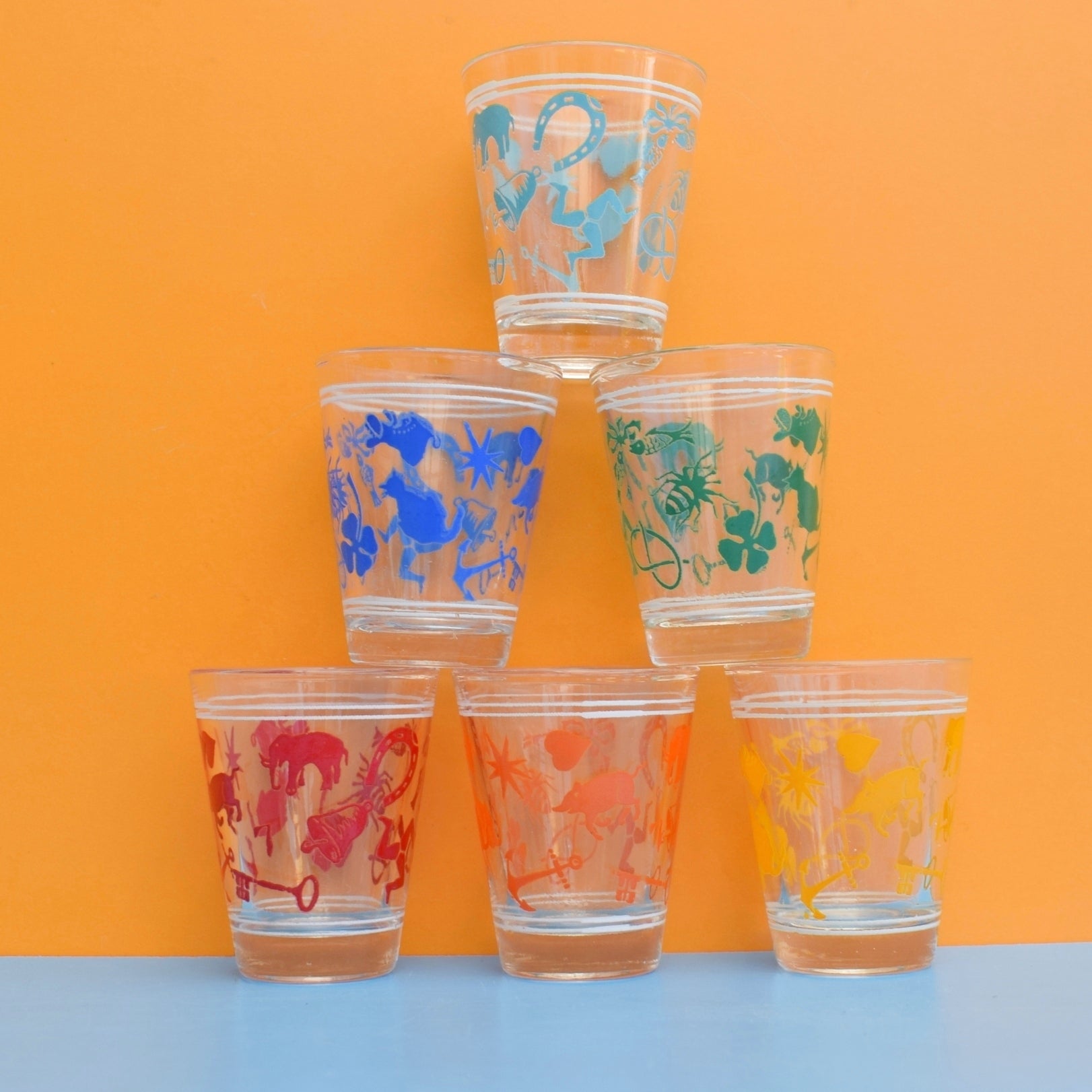 Vintage 1960s Set of Shot Glasses - Rainbow Colours by Vintage