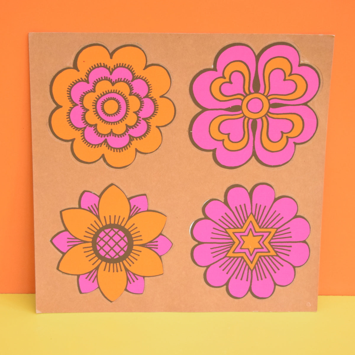Vintage 1970s Sticker - by Jan Pienkowski - Set of 4 Small Flower Design, Orange & Pink