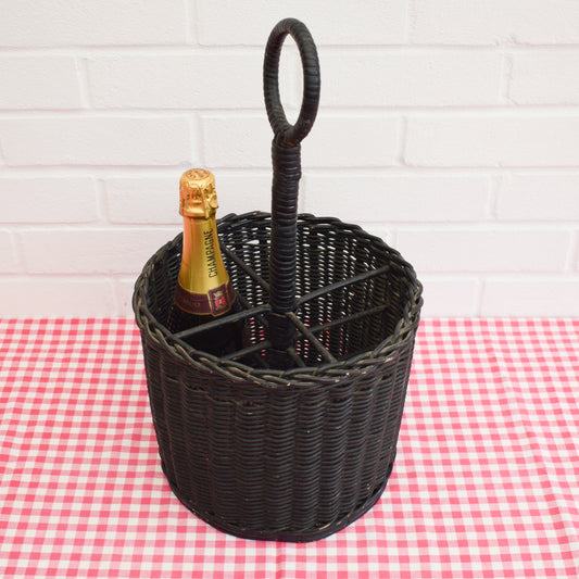 Vintage Round Wicker Bottle Carrier - Black by Pineapple Retro
