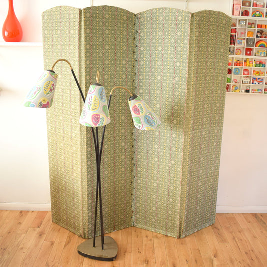 Vintage 1950s Fabric Covered Screen / Room Divider - Green, Red, Black