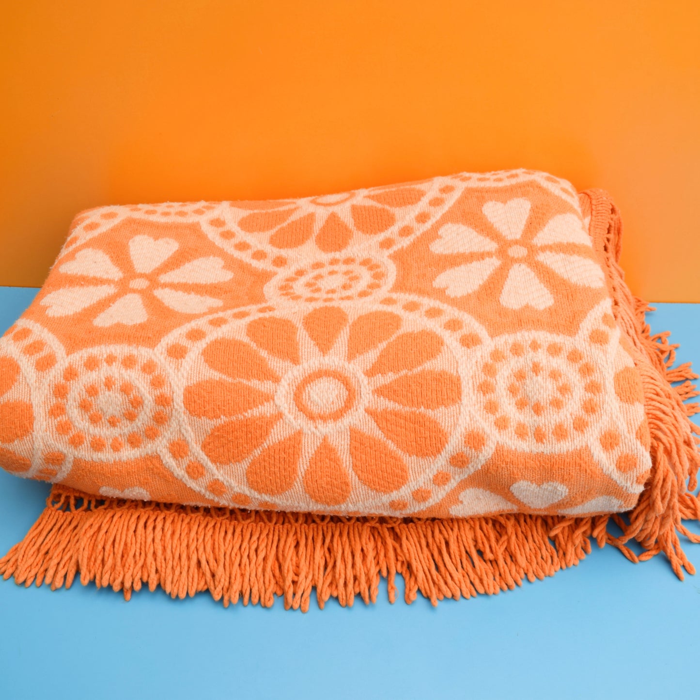 Vintage 1960s Double Bed Cover - Flower - Orange