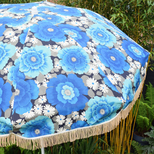 Vintage 1970s Garden Parasol - Blue Flower Power