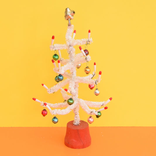 Vintage 1950s Small Pipe Cleaner Christmas Tree With Glass Decorations - White