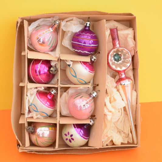 Vintage 1950s Hand Painted Small Glass Christmas Baubles / Decorations - & Tree Topper (Boxed) Pink
