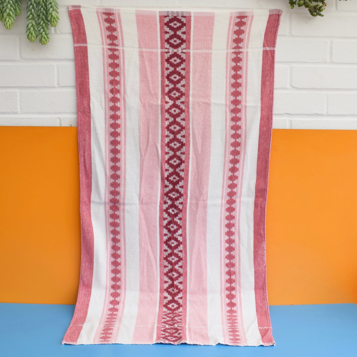Vintage 1970s Cotton Bath Towel - Pink Stripe