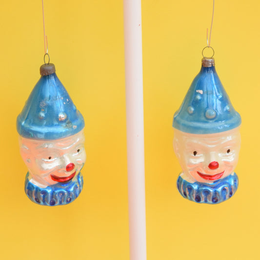 Vintage 1950s Fine Glass Clown Christmas Bauble / Decoration - Blue (2 Available)