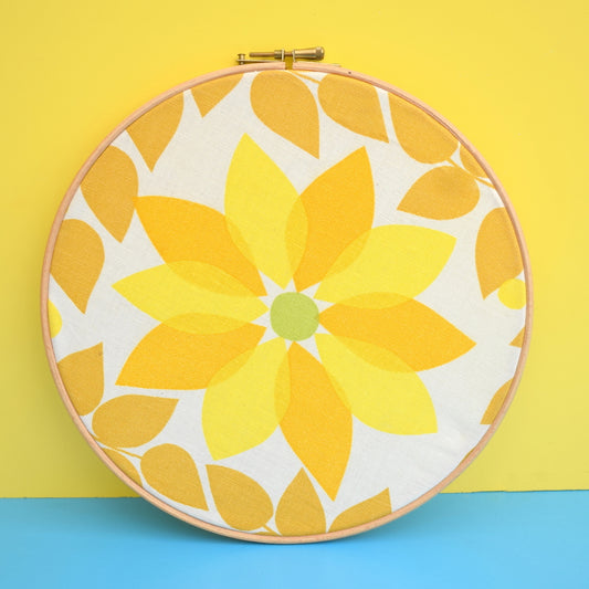 Vintage Large Fabric Wall Art Circle - Flower Power Print - Yellow