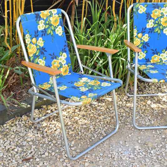 Vintage 1960s Folding Garden Chairs - Blue Floral
