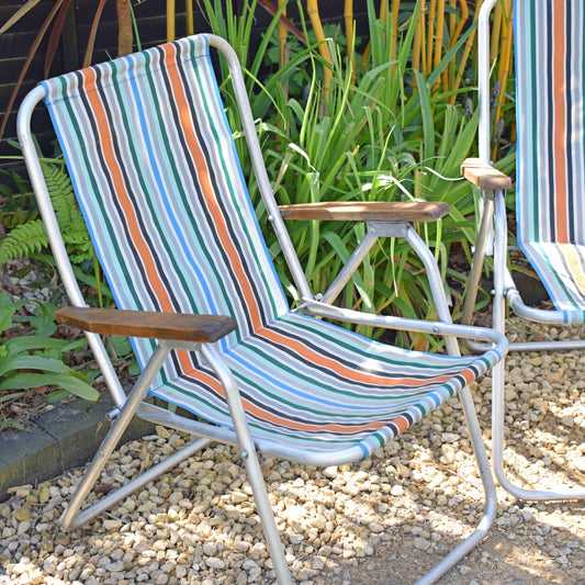 Vintage 1960s Garden Chair Pair - Striped Orange/ Blue