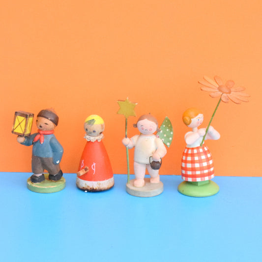 Vintage 1950s Wooden Figures - German - Erzgebirge - Angel , Flower Girl, Lamp Holder