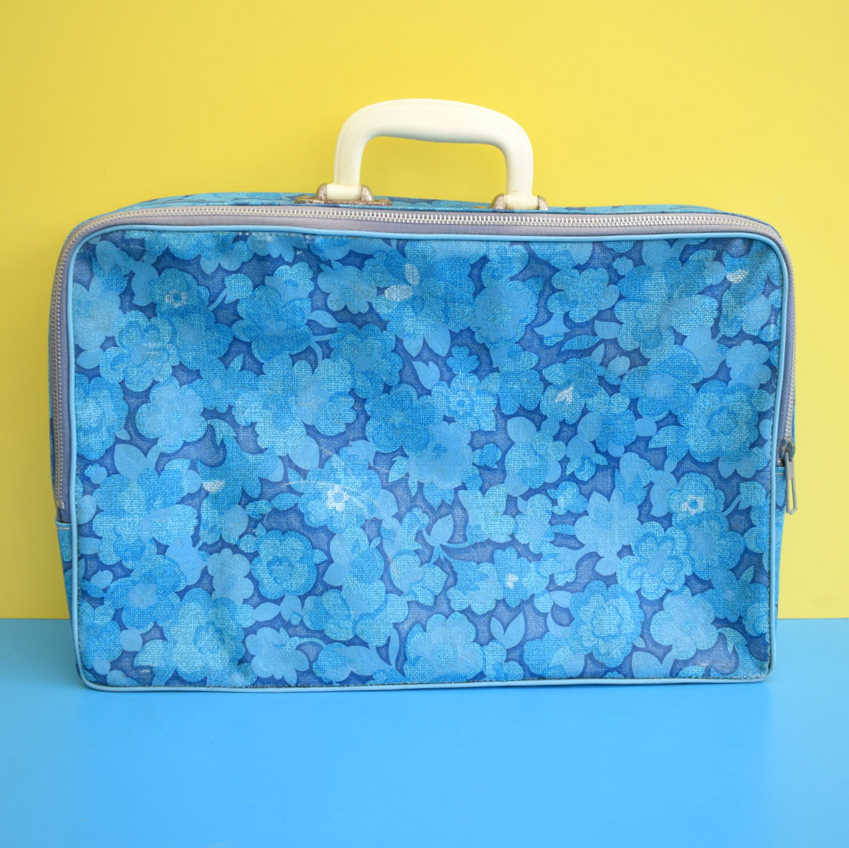 Vintage 1960s PVC Suitcase - Flower Power - Blue