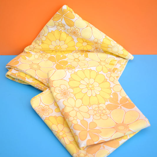 Vintage 1960s Double Sheet / Pillow Cases - Flower Power Cotton - Yellow & Orange