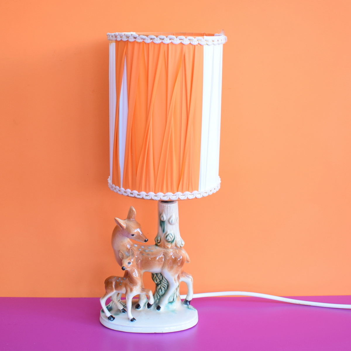 Vintage 1950s Ceramic Deer Lamp & Shade - White & Orange