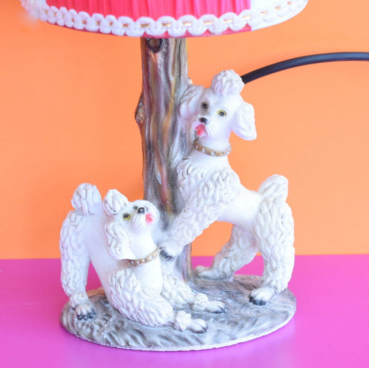 Vintage 1950s Ceramic Poodle Lamp & Shade - White & Pink