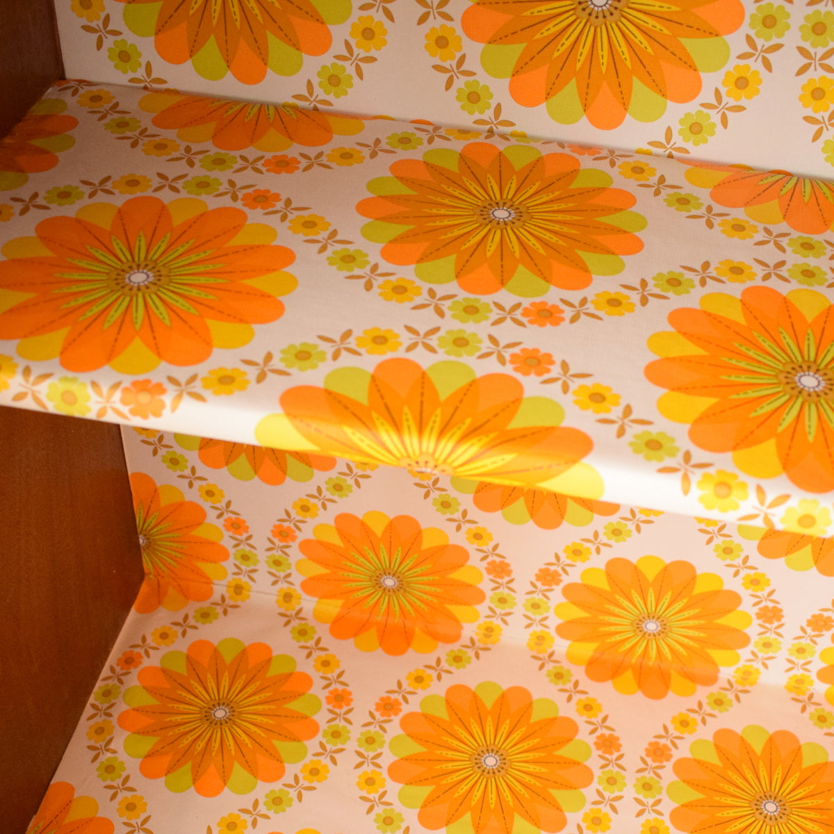 Vintage 1960s Teak Cabinet - Orange Legs & Wallpaper Backing - Orange & Yellow