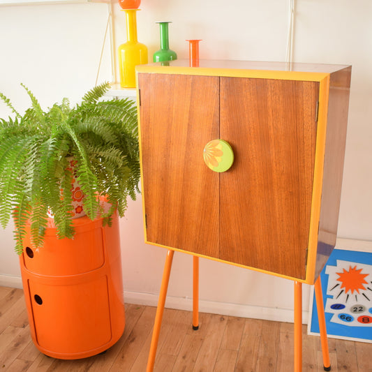 Vintage 1960s Teak Cabinet - Orange Legs & Wallpaper Backing - Orange & Yellow