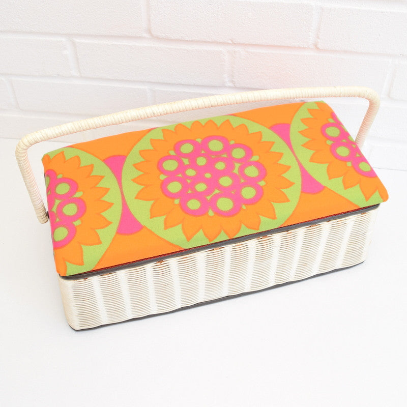 Vintage 1960s Sewing / Hobby Box - Flower Power Design, Green, Pink & Orange