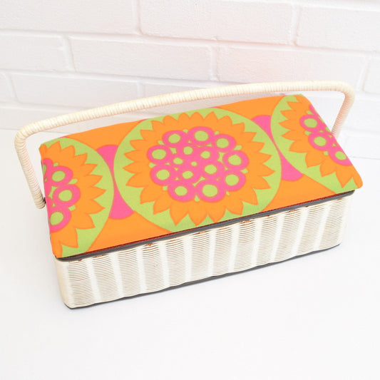 Vintage 1960s Sewing / Hobby Box - Flower Power Design, Green, Pink & Orange